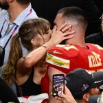 US singer-songwriter Taylor Swift kisses Kansas City Chiefs' tight end #87 Travis Kelce after the Chiefs won Super Bowl LVIII against the San Francisco 49ers at Allegiant Stadium in Las Vegas, Nevada, February 11, 2024.,Image: 845756472, License: Rights-managed, Restrictions: , Model Release: no, Credit line: Patrick T. Fallon / AFP / Profimedia
