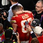 US singer-songwriter Taylor Swift and Kansas City Chiefs' tight end #87 Travis Kelce embrace after the Chiefs won Super Bowl LVIII against the San Francisco 49ers at Allegiant Stadium in Las Vegas, Nevada, February 11, 2024.,Image: 845758346, License: Rights-managed, Restrictions: , Model Release: no, Credit line: Patrick T. Fallon / AFP / Profimedia