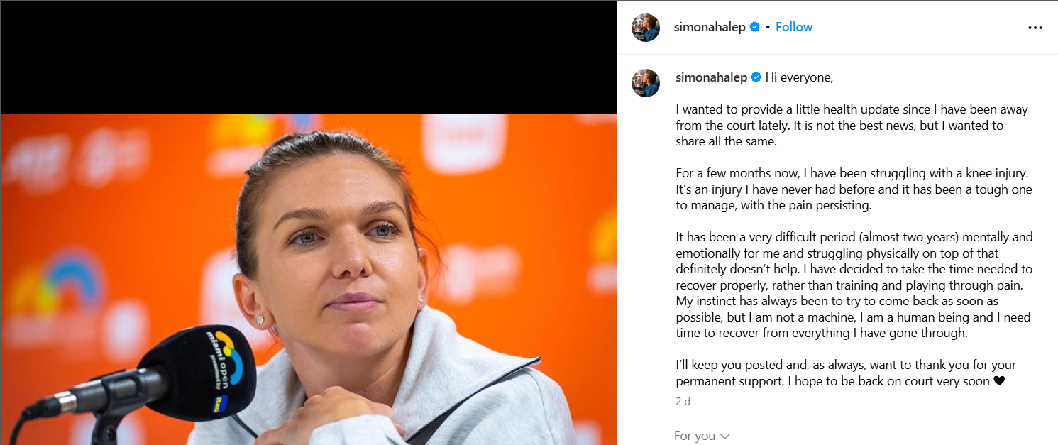 Anunțul trist făcut de Simona Halep. ”Nu sunt cele mai bune vești”. A vrut ca fanii să afle de la ea