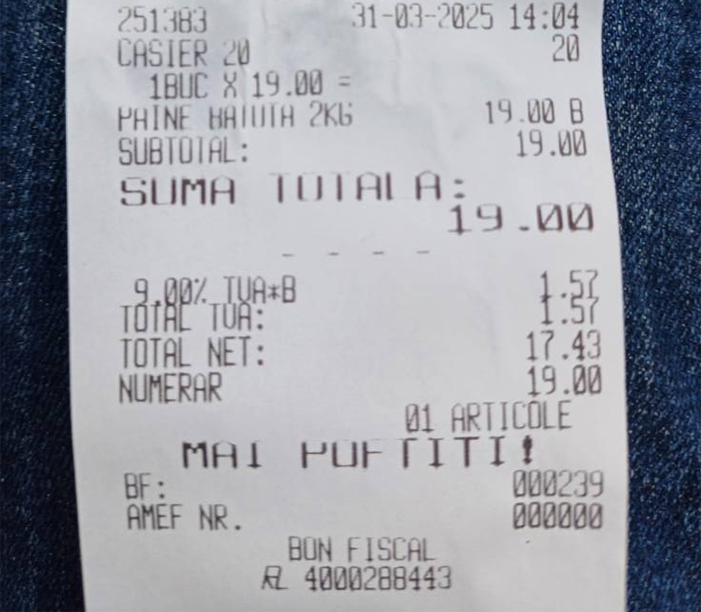 Bonul fiscal pentru pâinea de aproape 20 de lei