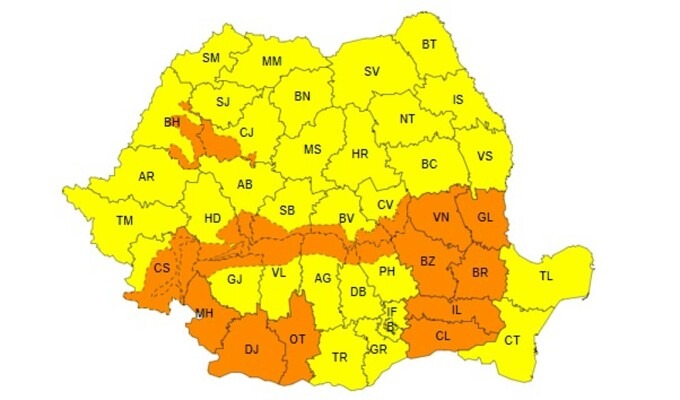 Harta ANM cu cod galben și portocaliu de vreme rea