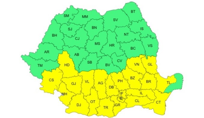 Harta ANM cu județele vizate de codul Galben